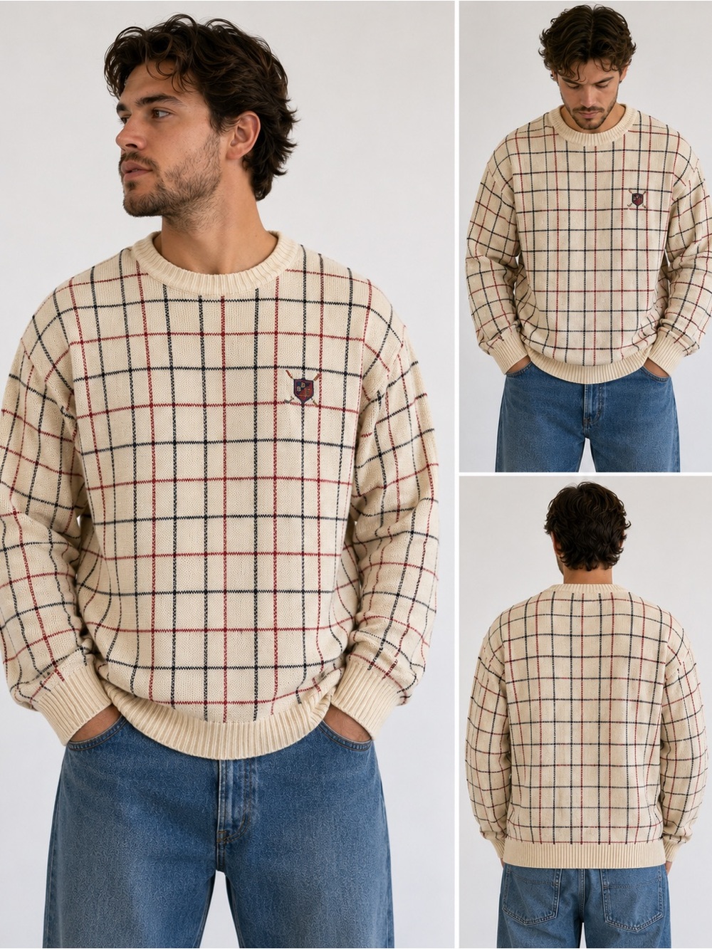 Vintage Bugle Boy Classics Heavy Cotton Golf Sweater Plaid Large 90s maroon tan